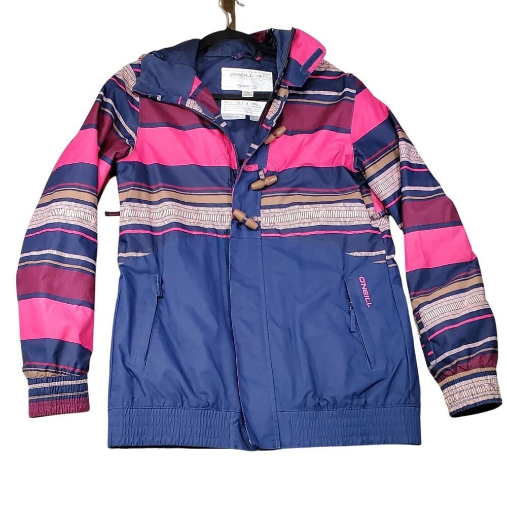 O'Neill Snowboard Jacket Women Medium Blue Pink Excellent Striped Hooded